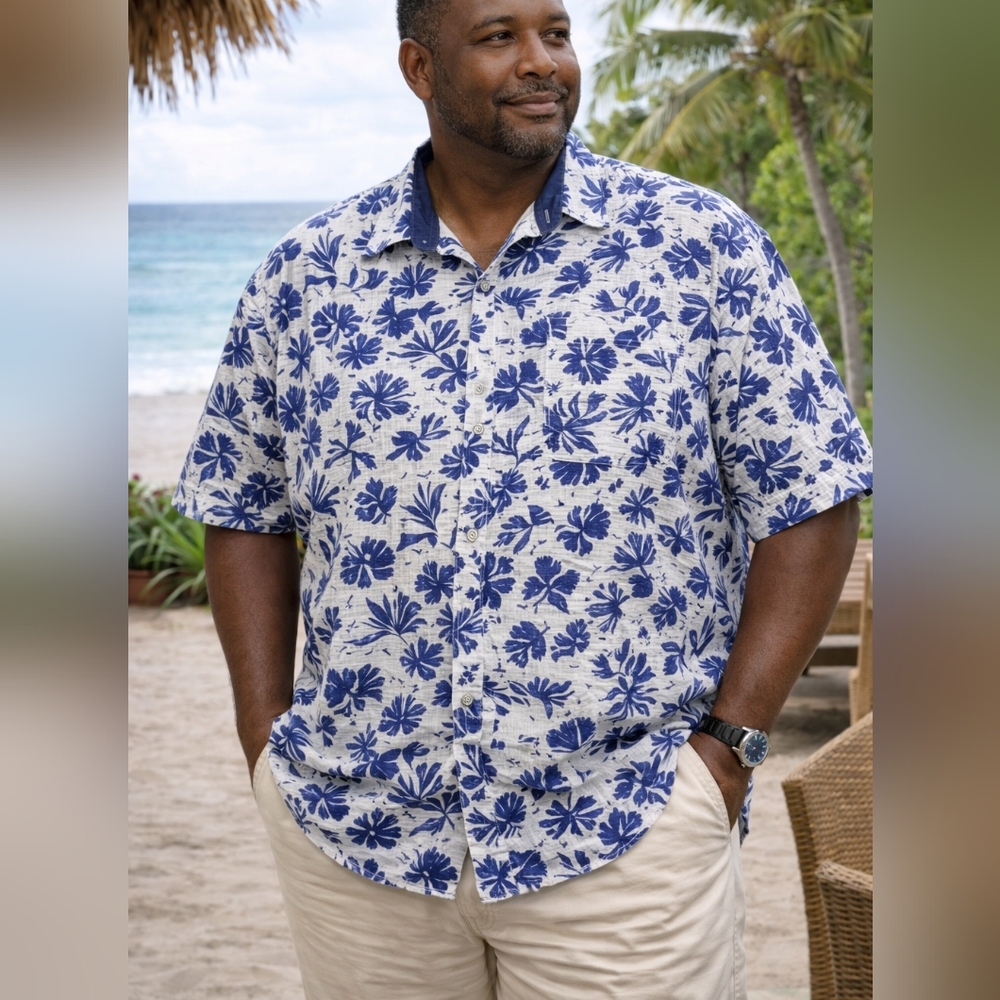 Amiani Men’s Size XXL Short Sleeve Button Up Tropical‎ Shirt Cotton Palm Trees